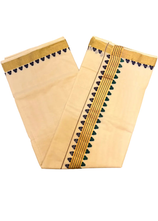 Southloom Kerala Kasavu Saree with Double-Color Green and Purple Temple Border