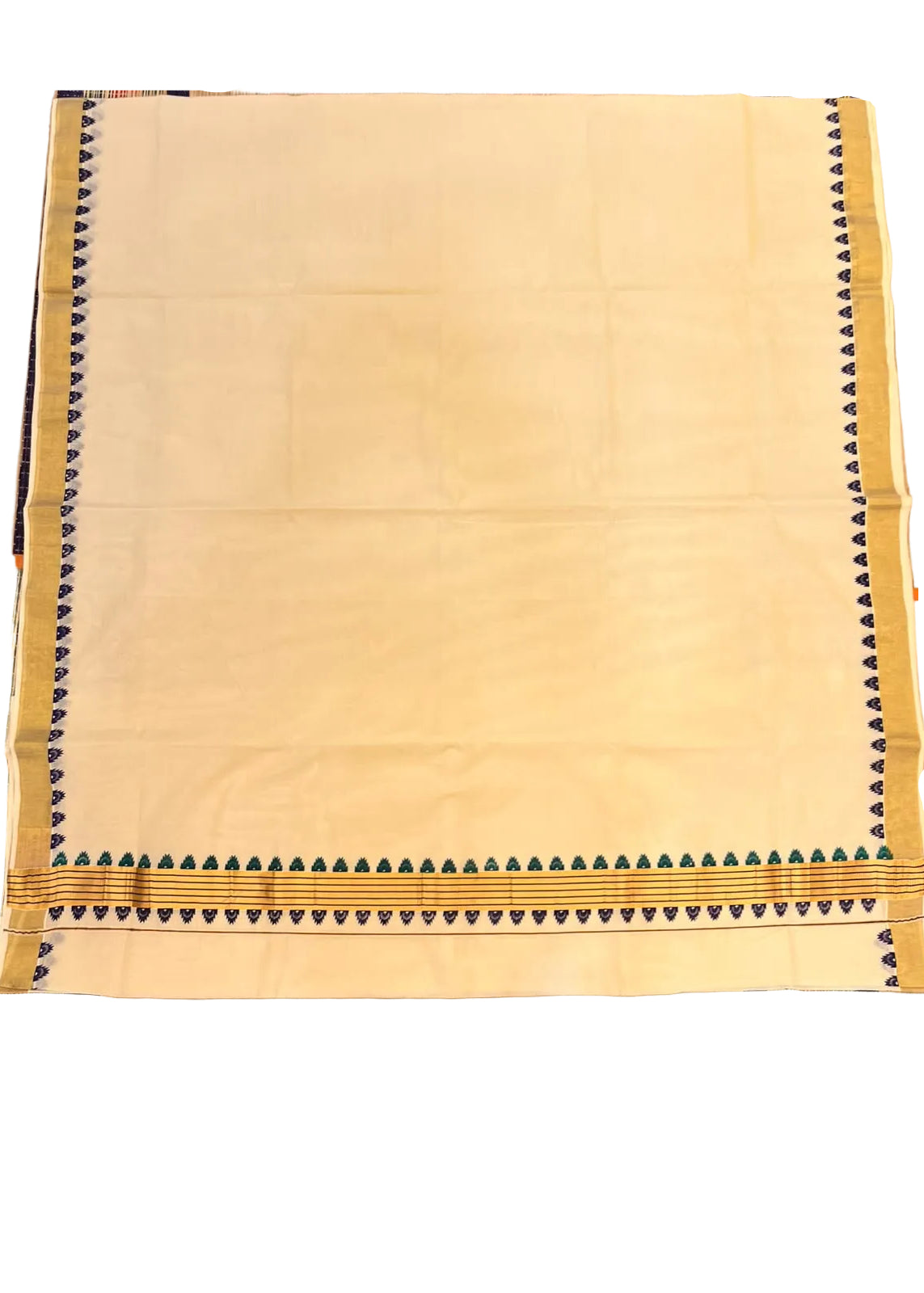 Southloom Kerala Kasavu Saree with Double-Color Green and Purple Temple Border