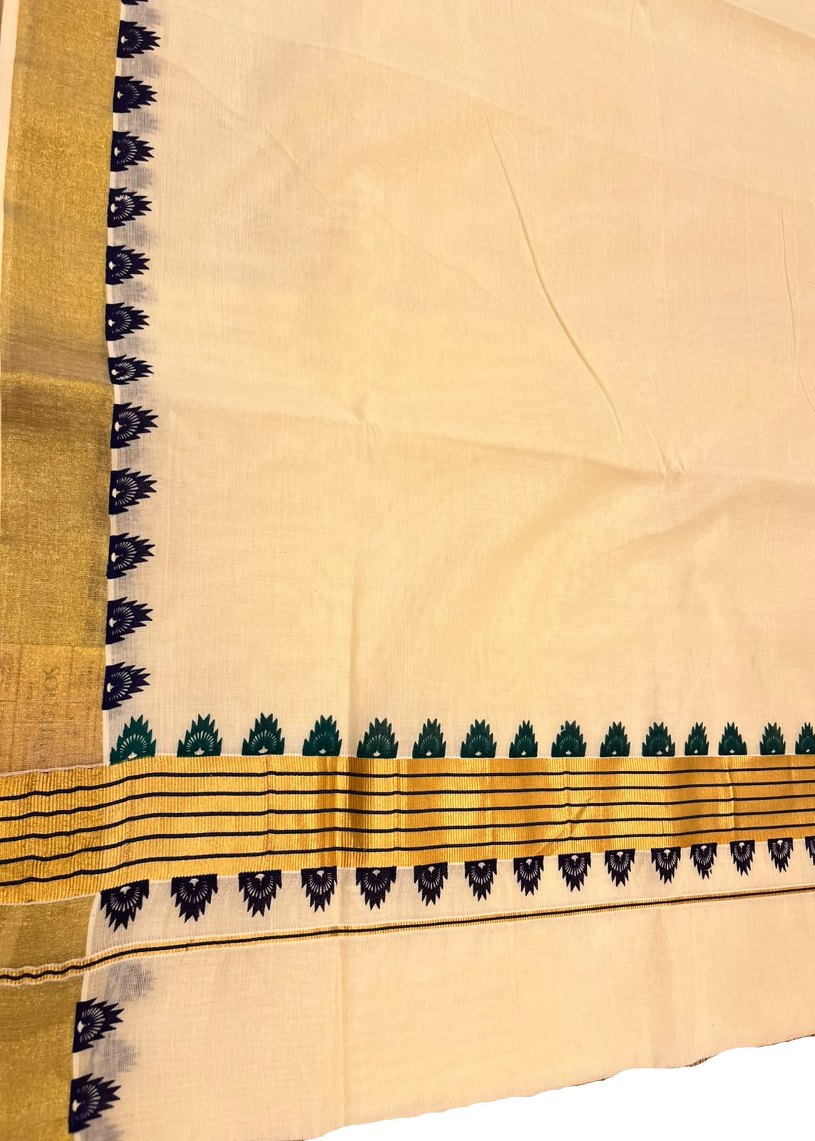 Southloom Kerala Kasavu Saree with Double-Color Green and Purple Temple Border
