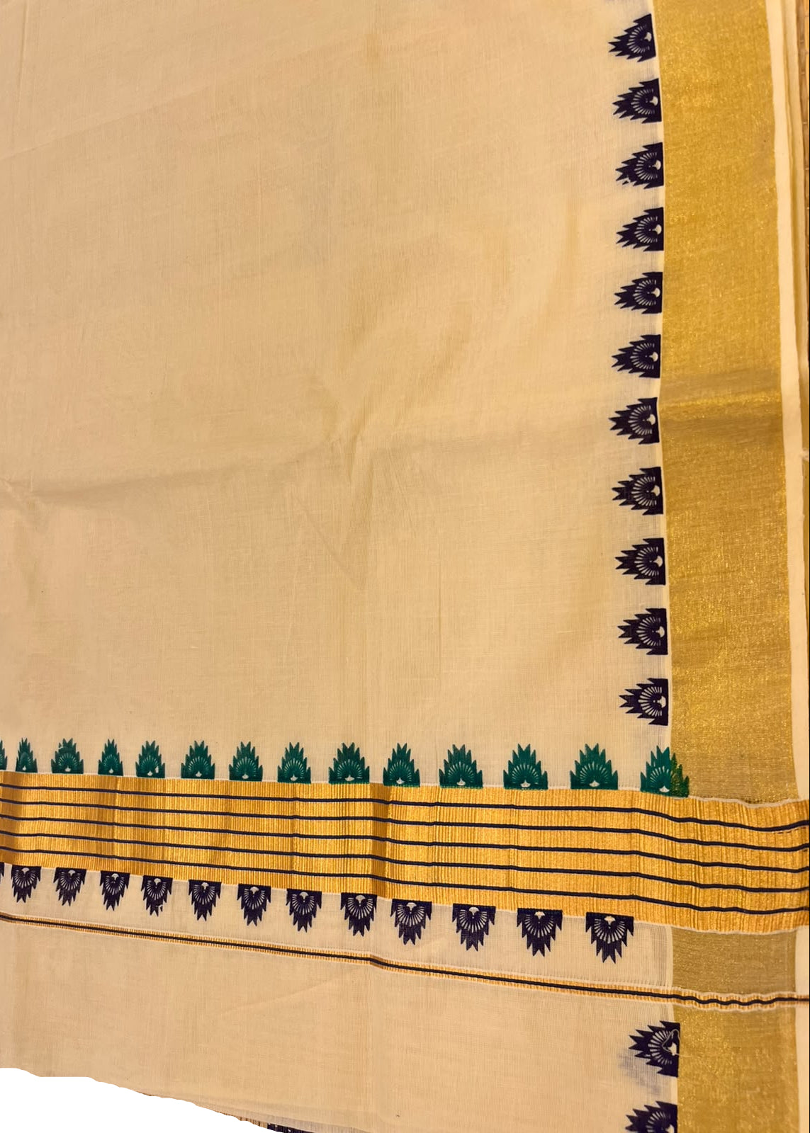 Southloom Kerala Kasavu Saree with Double-Color Green and Purple Temple Border