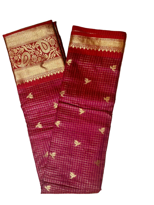 Maroon and Red Semi Silk Saree With Check Design On Body SL634