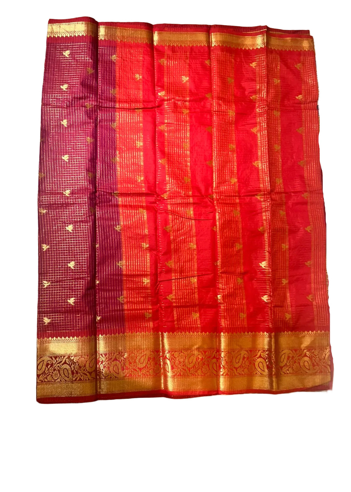 Maroon and Red Semi Silk Saree With Check Design On Body SL634