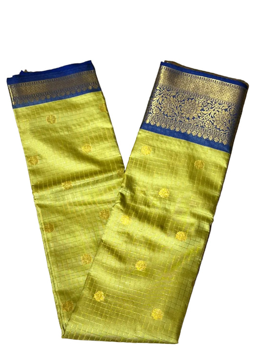 Olive Green and Navy Blue Silk Saree With Check Design On Body SL634