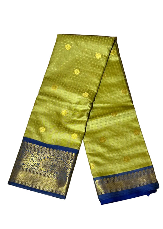 Olive Green and Navy Blue Silk Saree With Check Design On Body SL634