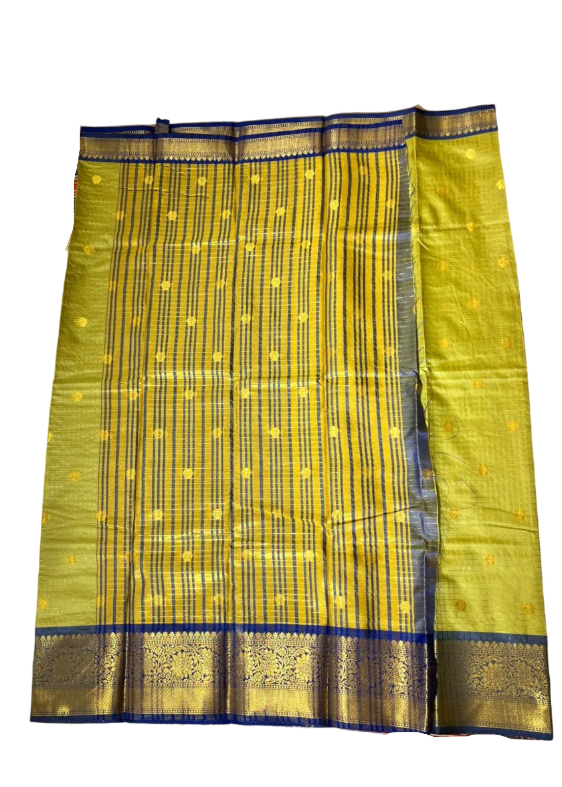 Olive Green and Navy Blue Silk Saree With Check Design On Body SL634