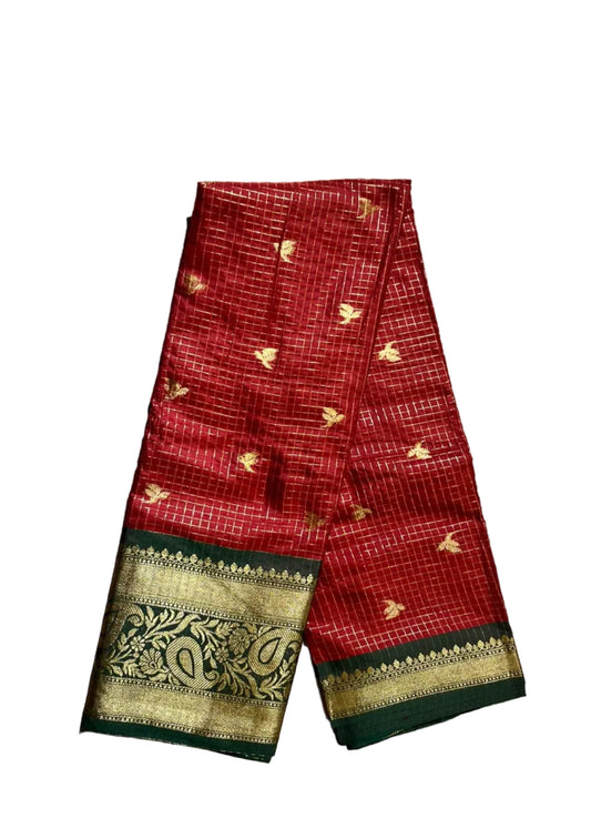 Red and Green Colour Semi Silk Saree With Check Design SL634
