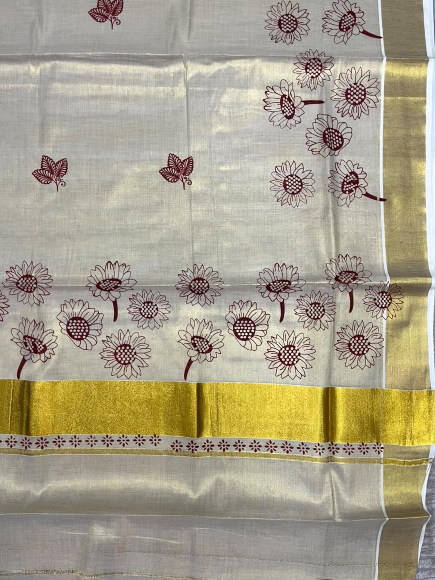 Southloom Kerala Tissue Kasavu Plain Saree with Maroon Floral Printed work On Border