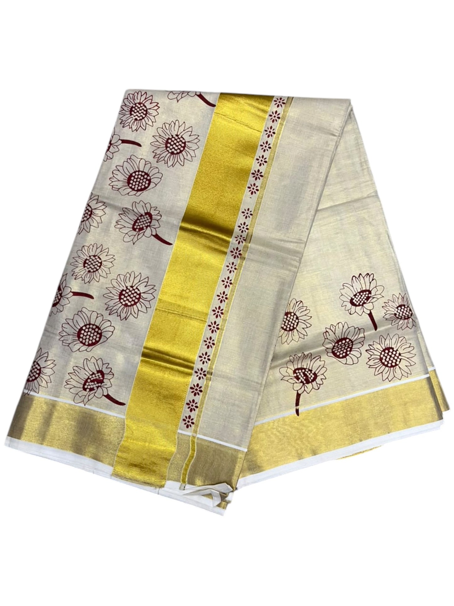 Southloom Kerala Tissue Kasavu Plain Saree with Maroon Floral Printed work On Border