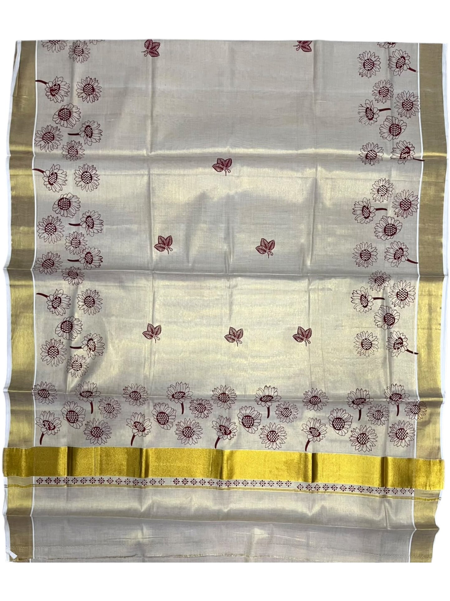 Southloom Kerala Tissue Kasavu Plain Saree with Maroon Floral Printed work On Border