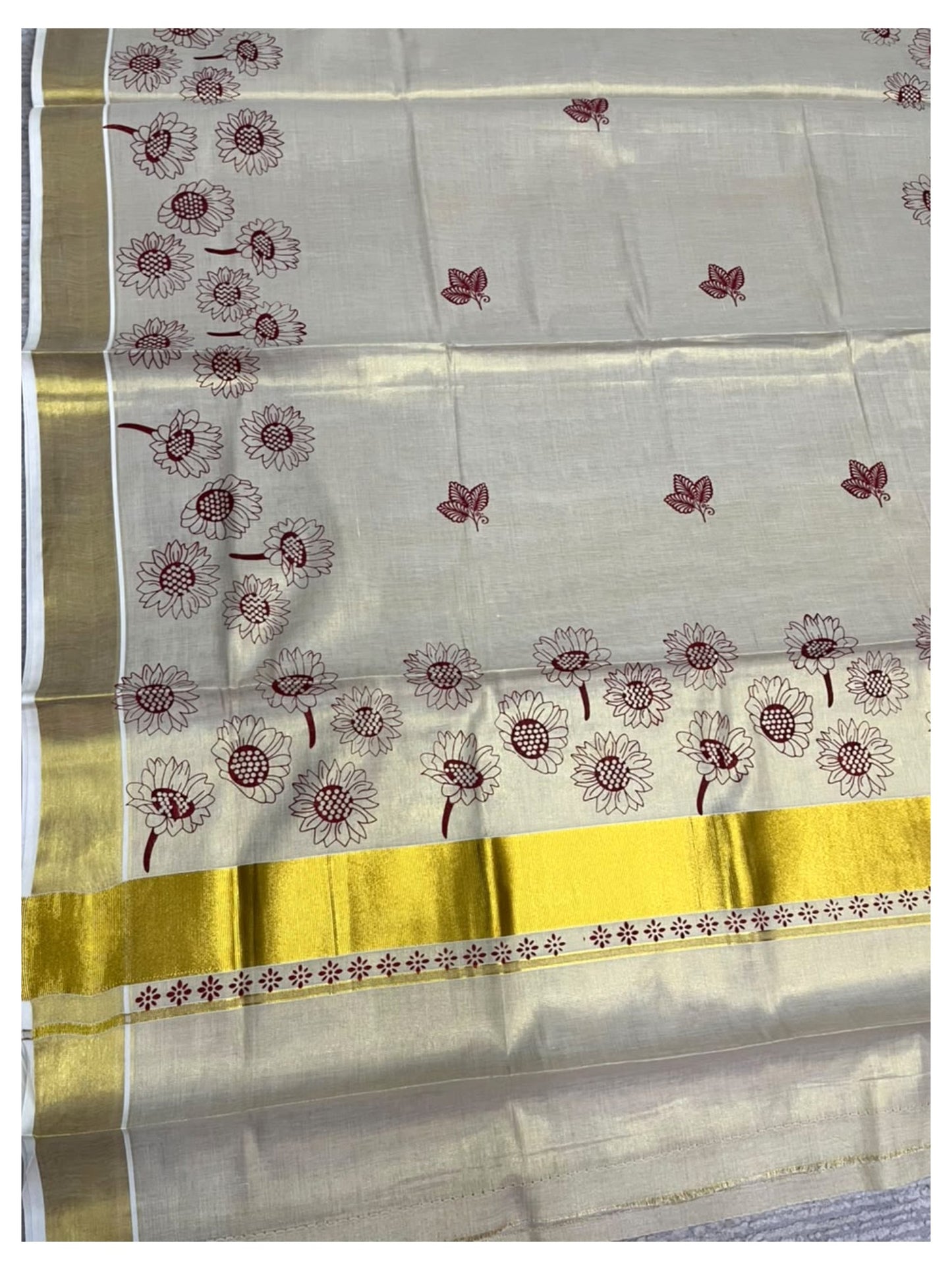 Southloom Kerala Tissue Kasavu Plain Saree with Maroon Floral Printed work On Border