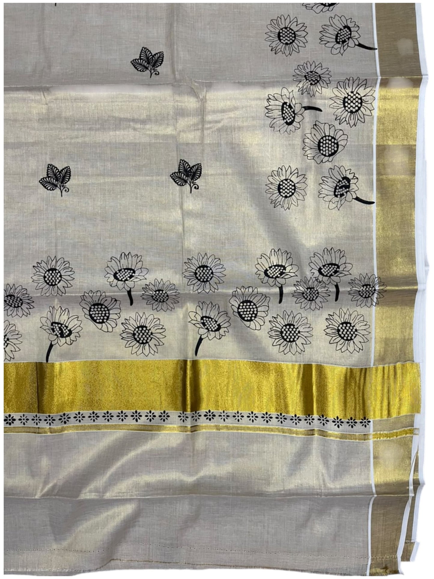 Southloom Kerala Tissue Kasavu Plain Saree with Black Floral Printed work On Border