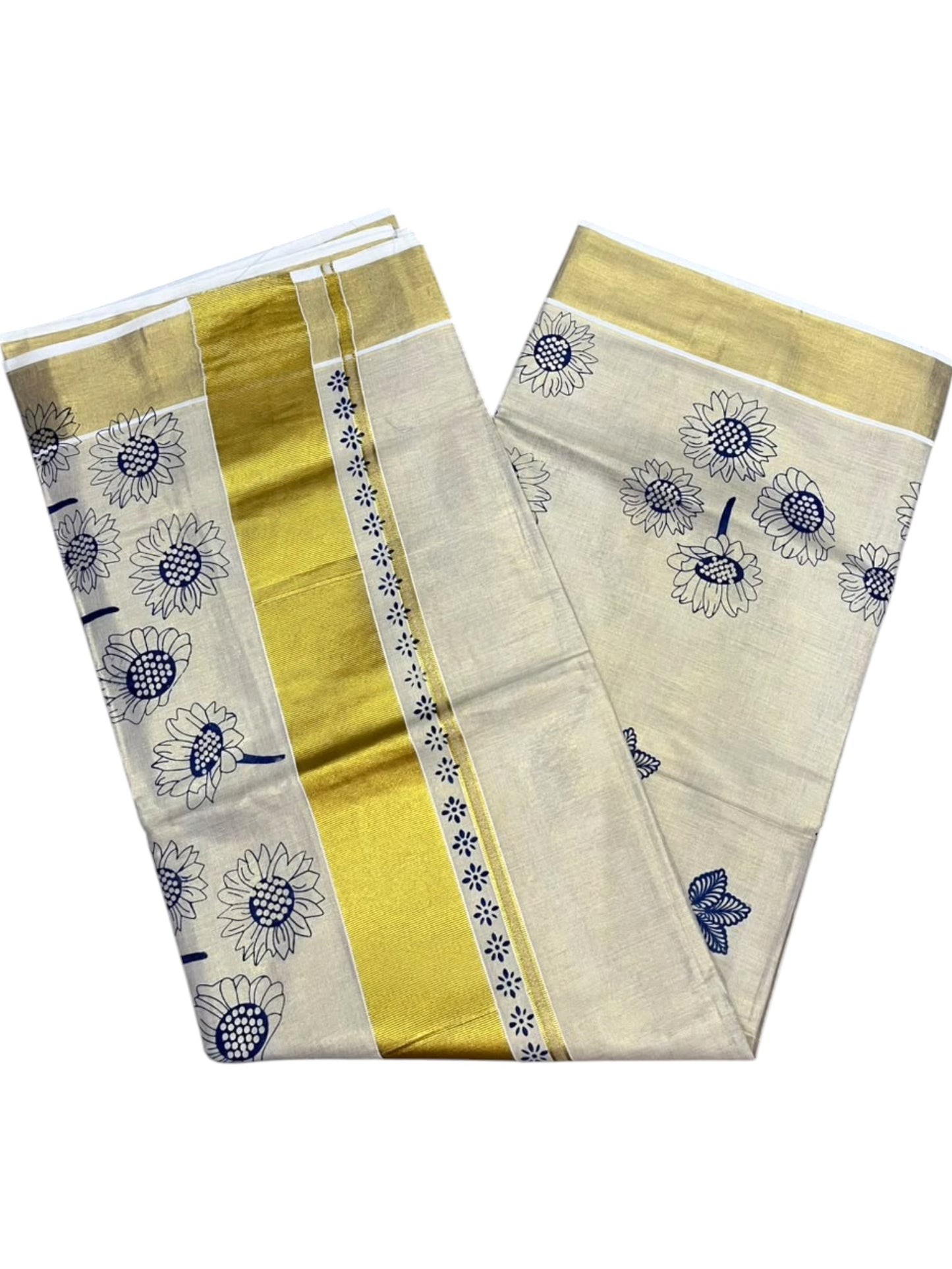 Southloom Kerala Tissue Kasavu Plain Saree with Blue Floral Printed work On Border
