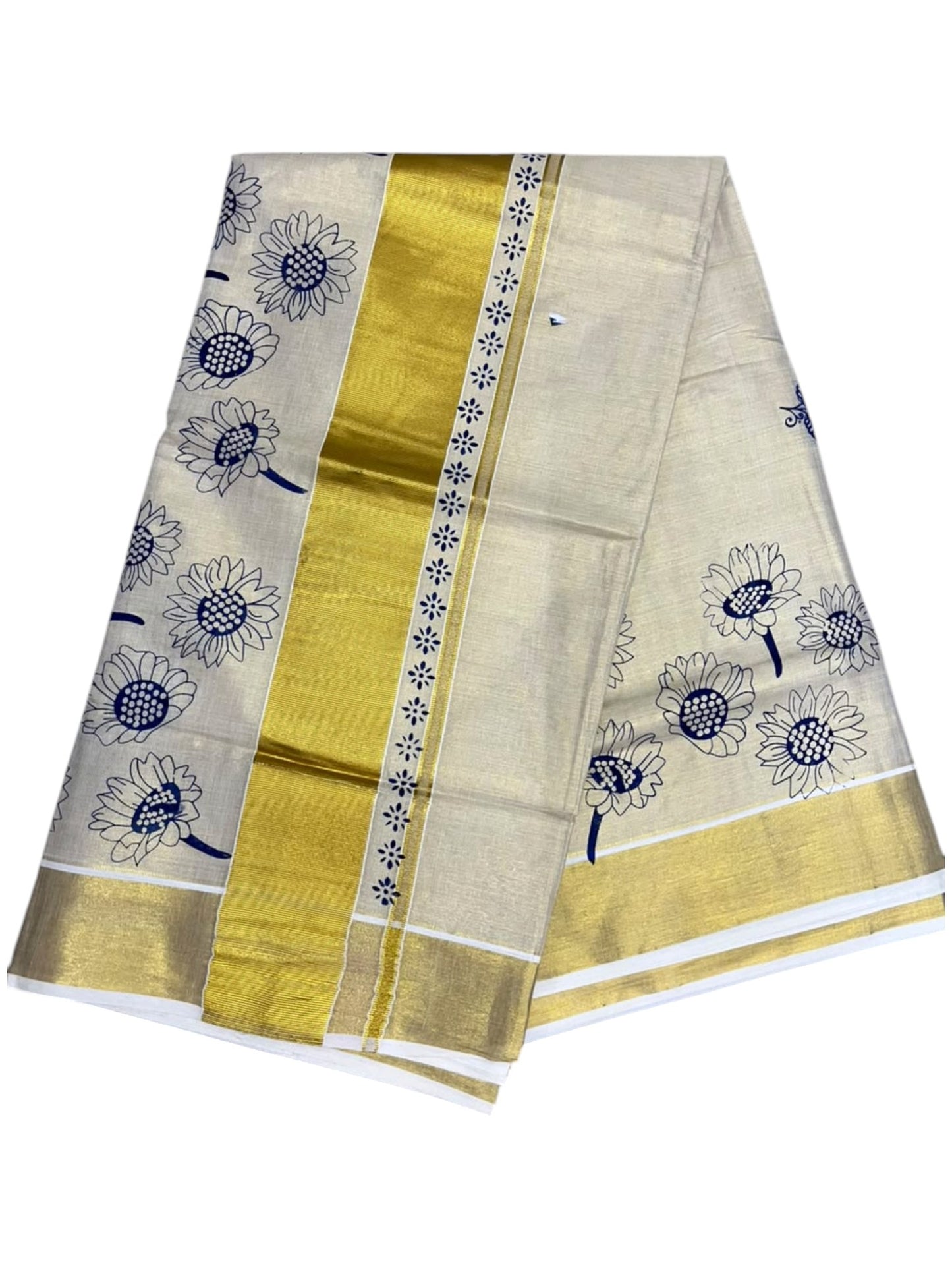 Southloom Kerala Tissue Kasavu Plain Saree with Blue Floral Printed work On Border