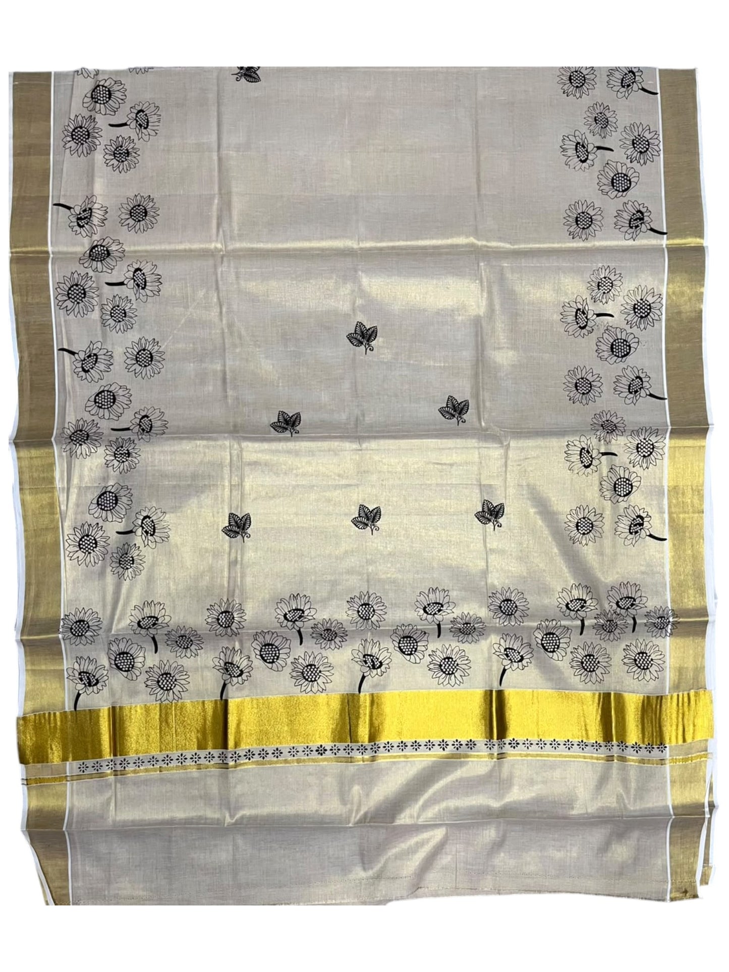 Southloom Kerala Tissue Kasavu Plain Saree with Black Floral Printed work On Border