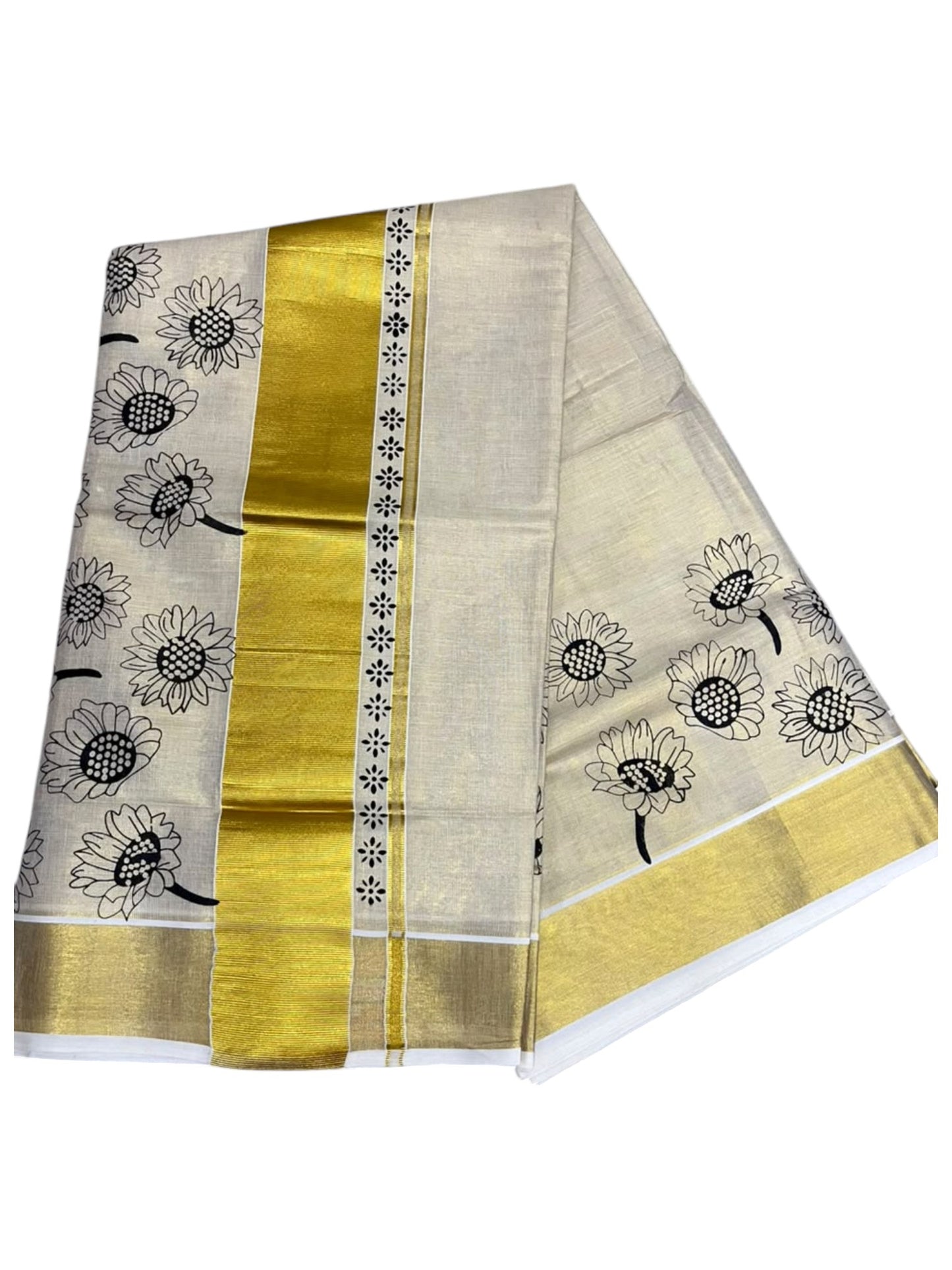 Southloom Kerala Tissue Kasavu Plain Saree with Black Floral Printed work On Border