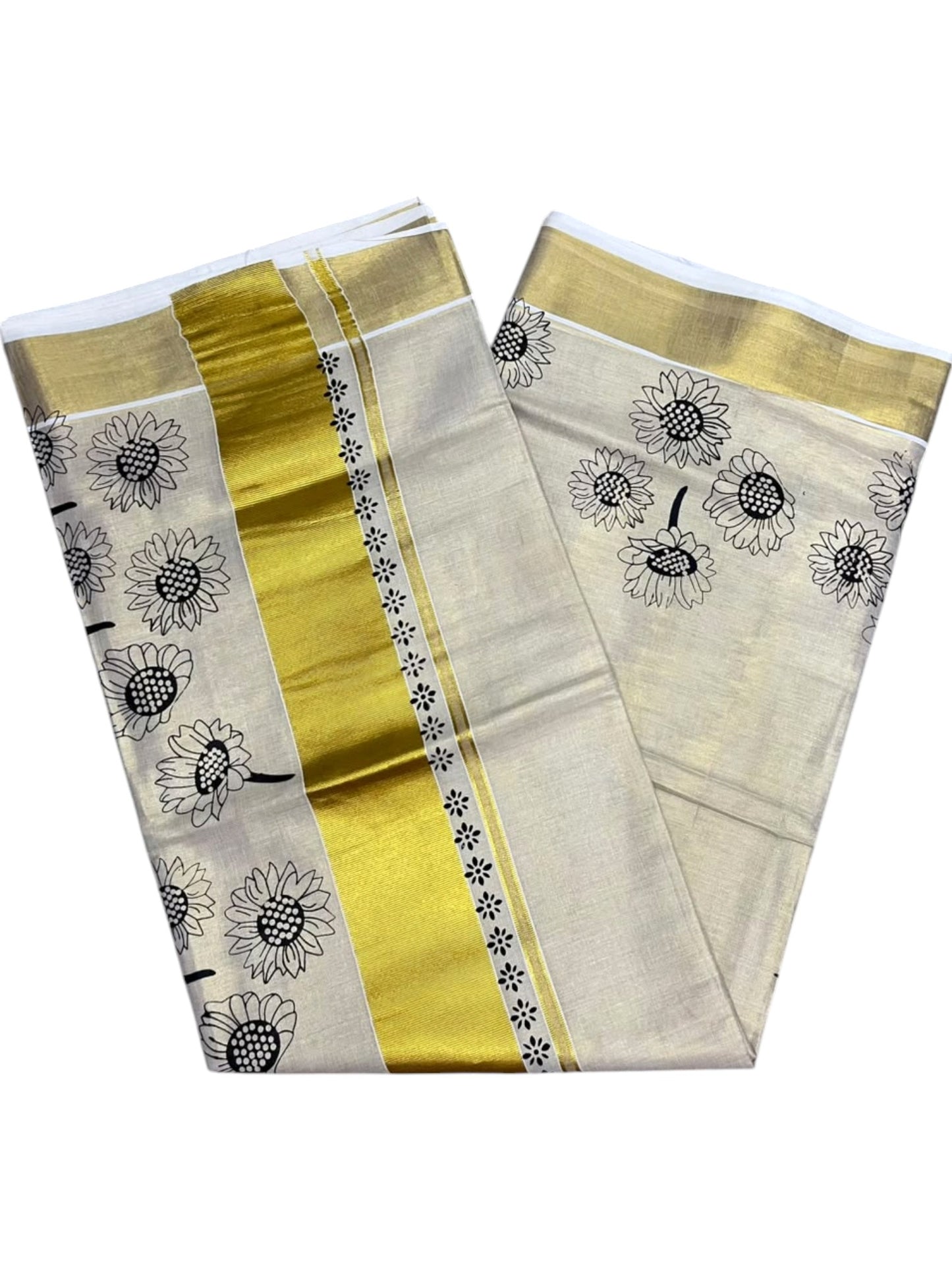 Southloom Kerala Tissue Kasavu Plain Saree with Black Floral Printed work On Border