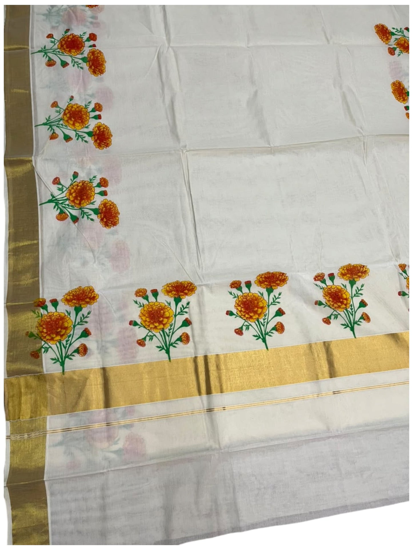 Southloom Kerala Cotton Plain Saree with Floral Printed Works on Border