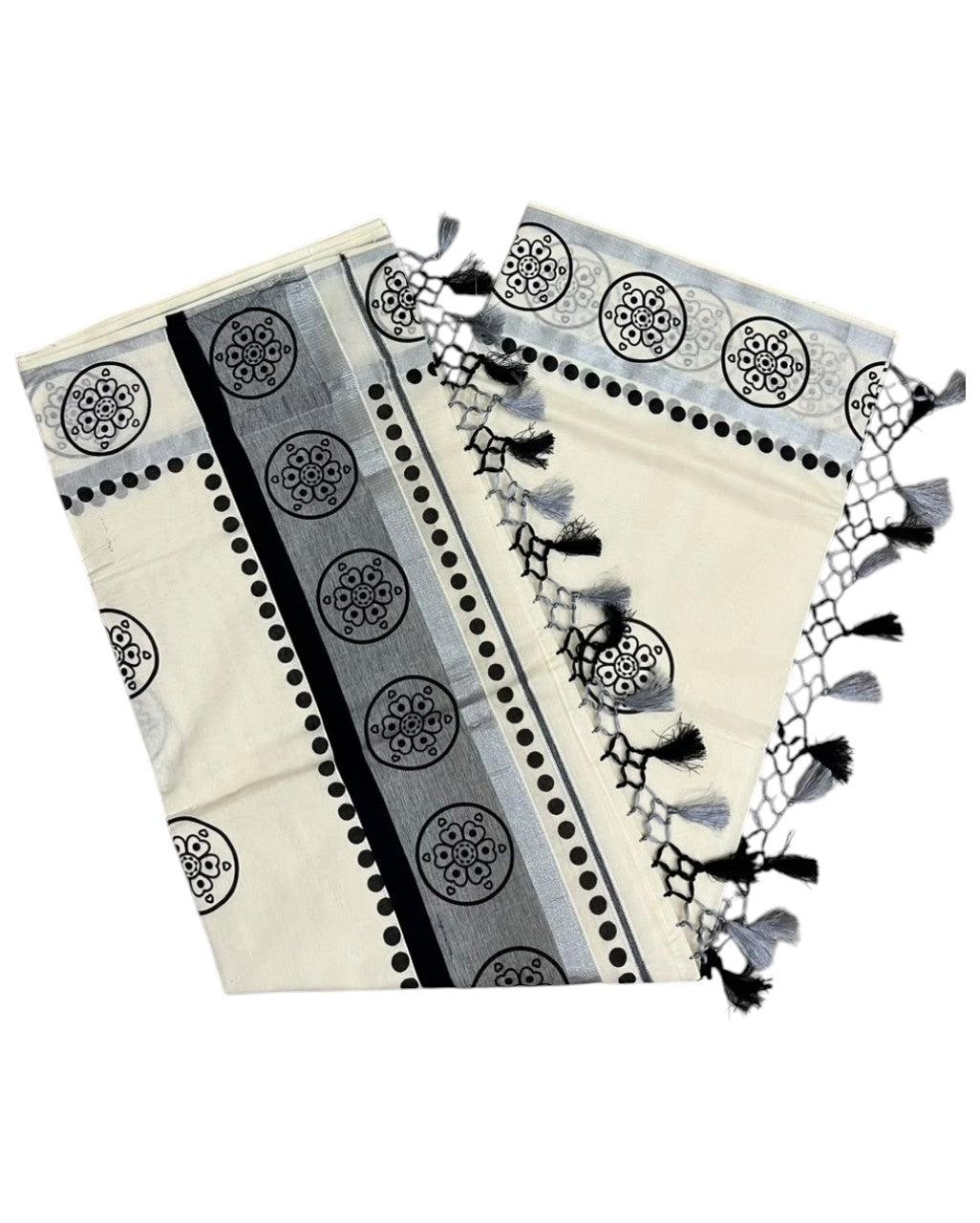 Southloom Cotton Kerala Kasavu Saree with Digital Print on Body in Black SL519