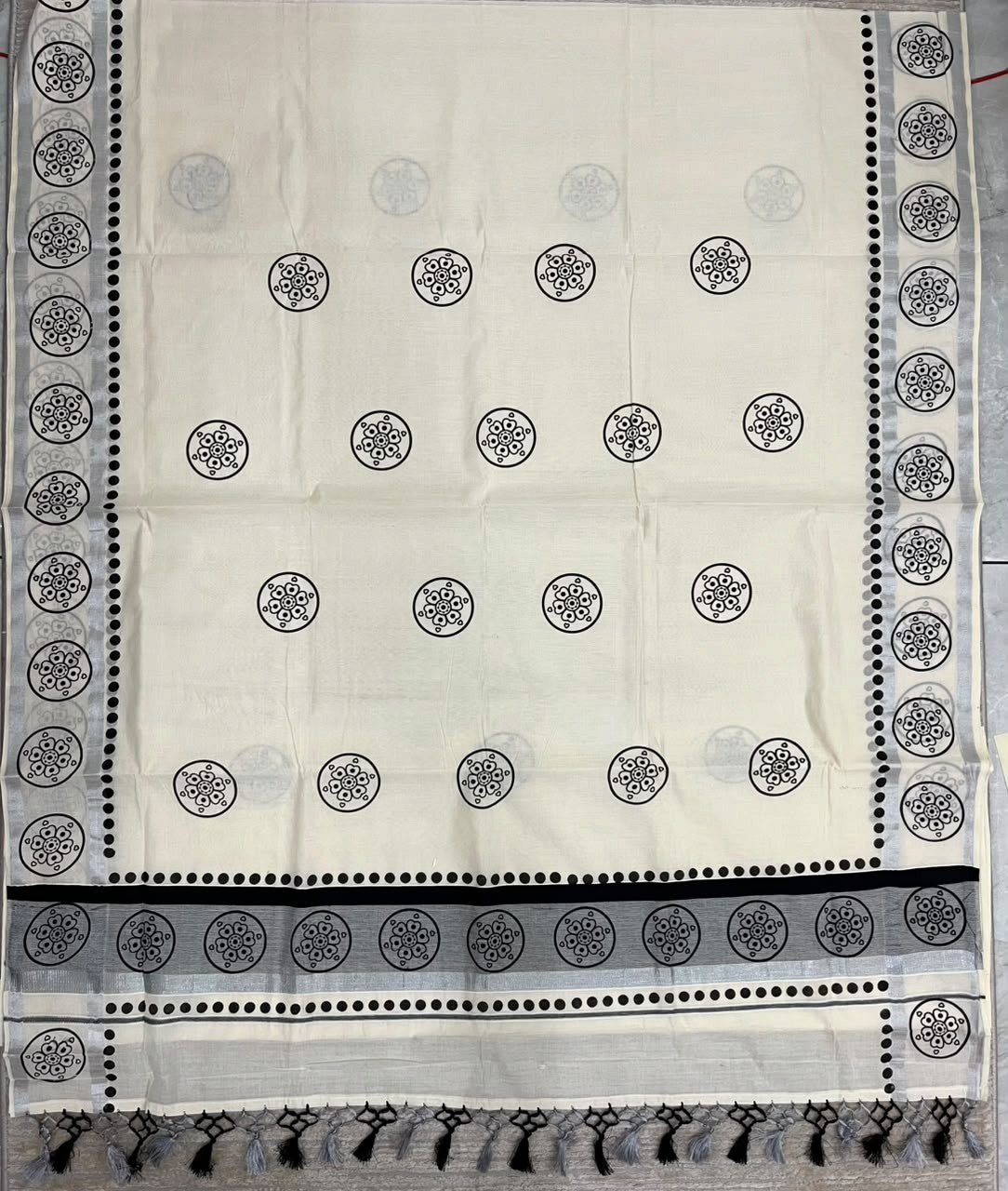 Southloom Cotton Kerala Kasavu Saree with Digital Print on Body in Black SL519