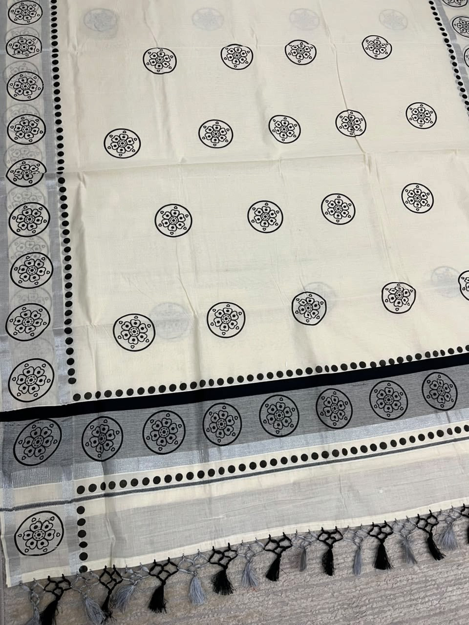 Southloom Cotton Kerala Kasavu Saree with Digital Print on Body in Black SL519