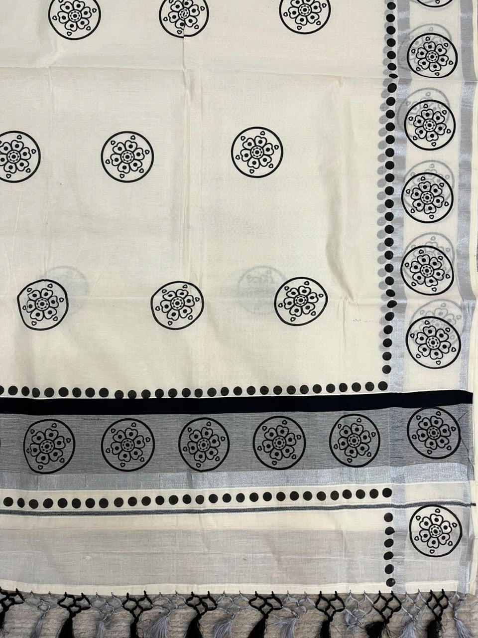 Southloom Cotton Kerala Kasavu Saree with Digital Print on Body in Black SL519