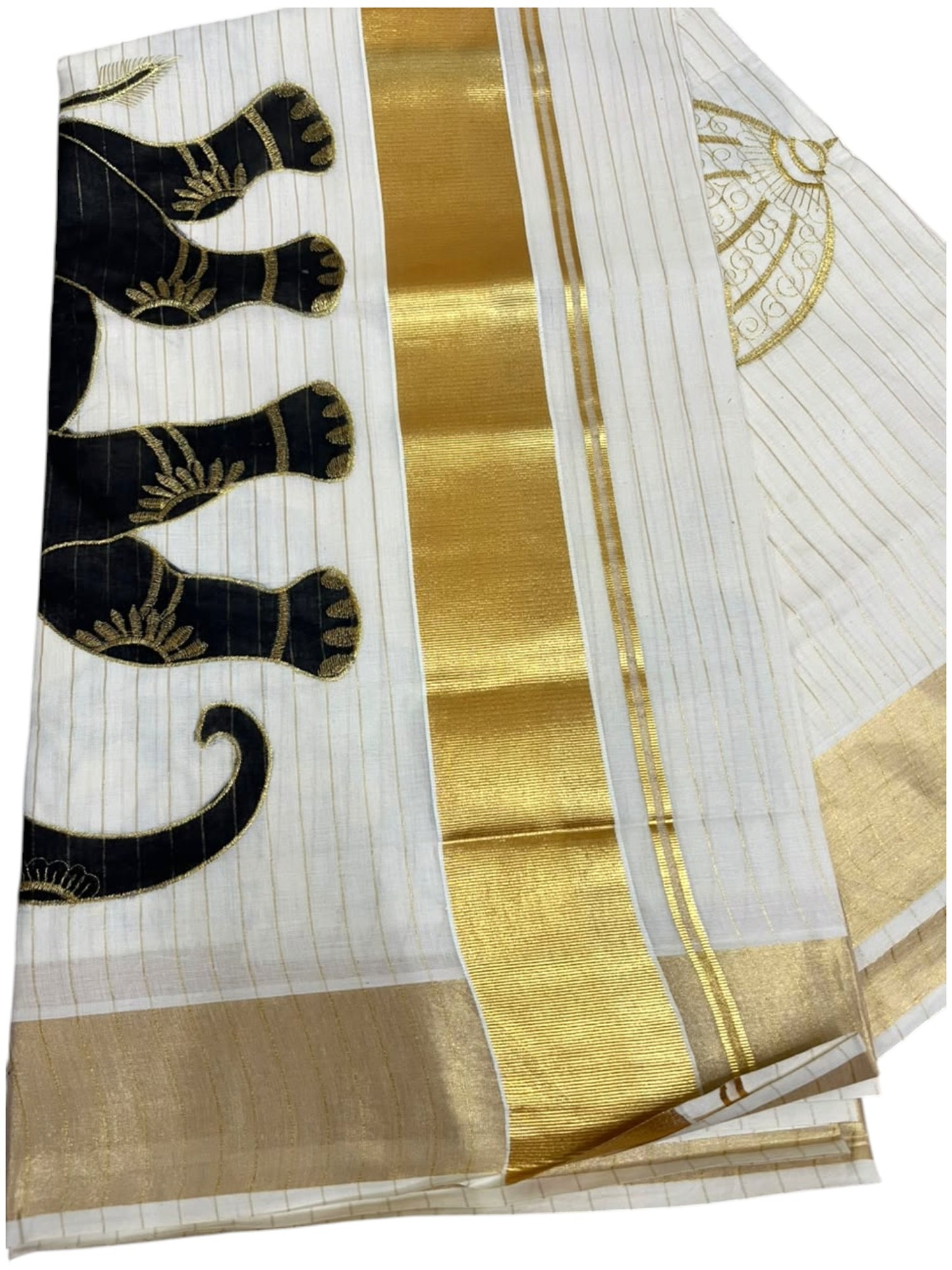 Southloom Kerala Cotton Kasavu  Saree with Elephant Handpainted and Embroidery Work