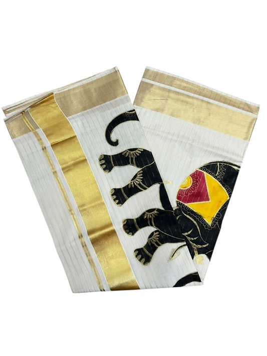 Southloom Kerala Cotton Kasavu  Saree with Elephant Handpainted and Embroidery Work