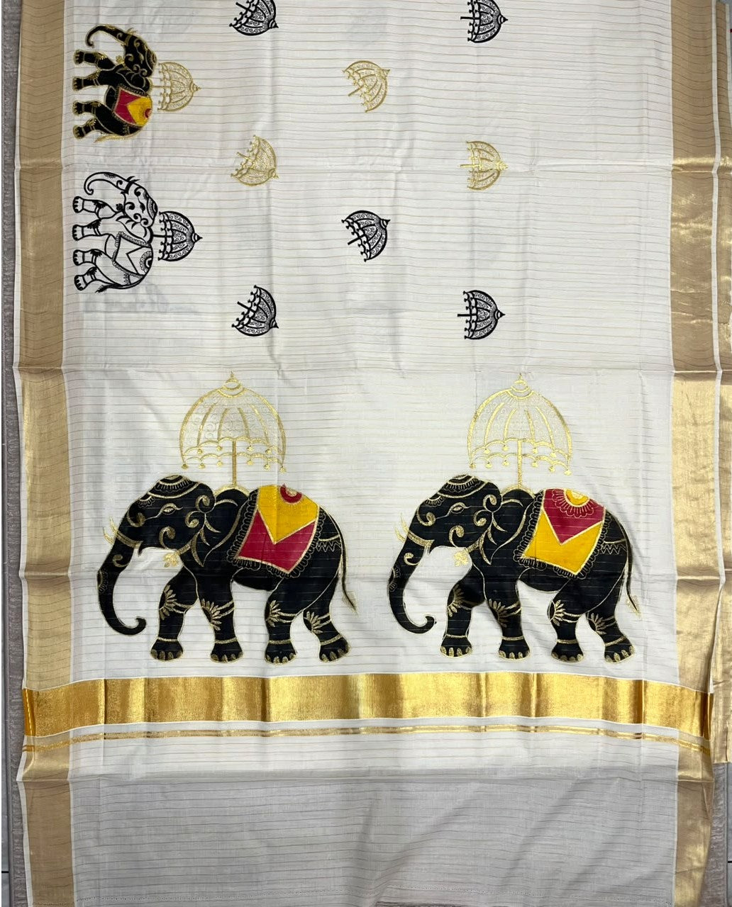 Southloom Kerala Cotton Kasavu  Saree with Elephant Handpainted and Embroidery Work