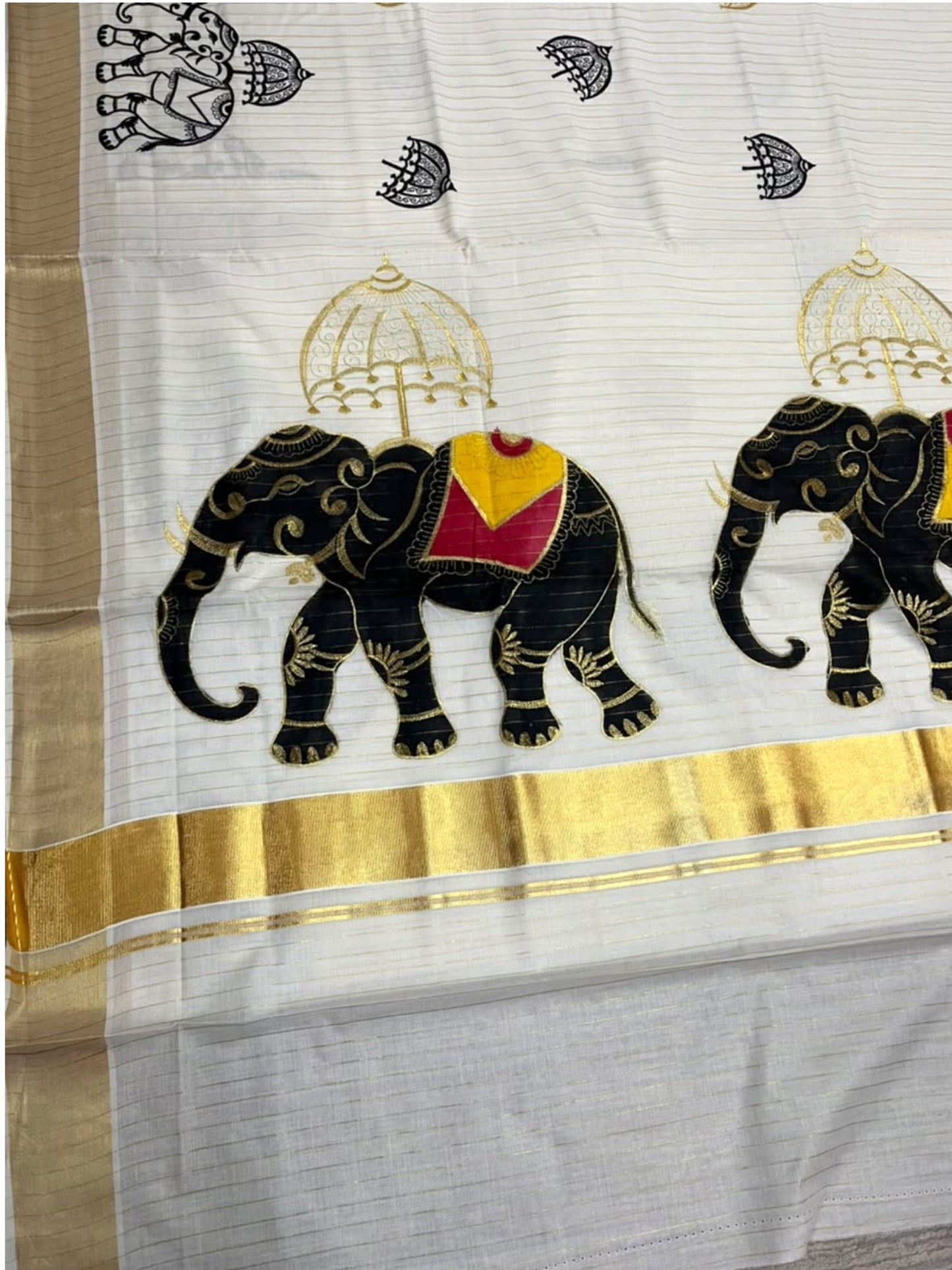 Southloom Kerala Cotton Kasavu  Saree with Elephant Handpainted and Embroidery Work