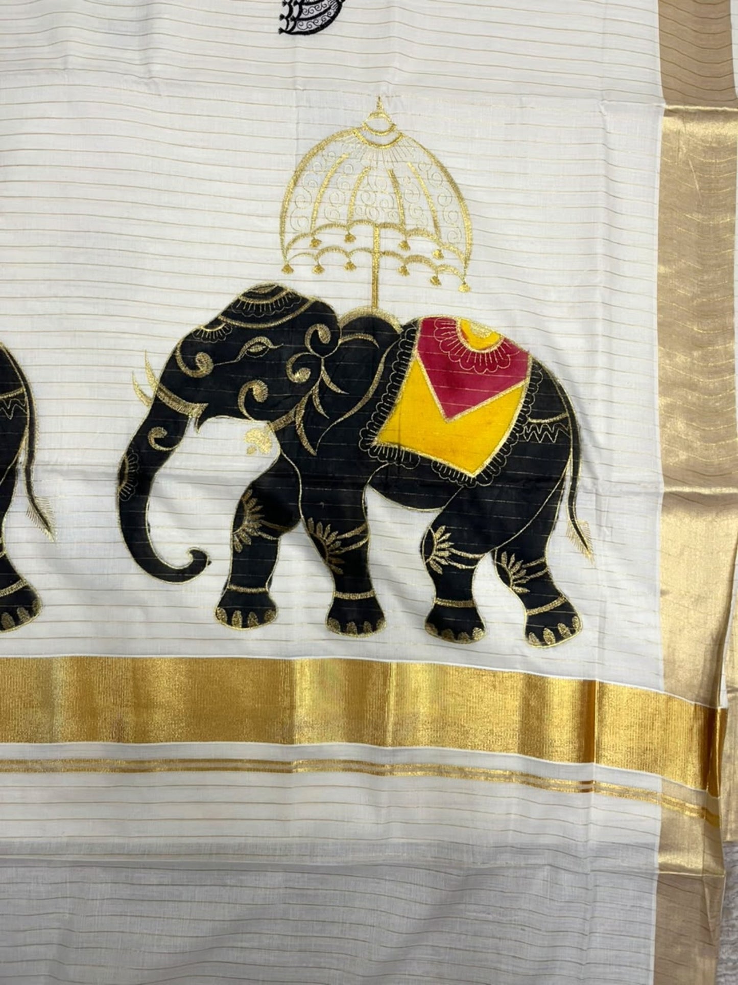 Southloom Kerala Cotton Kasavu  Saree with Elephant Handpainted and Embroidery Work