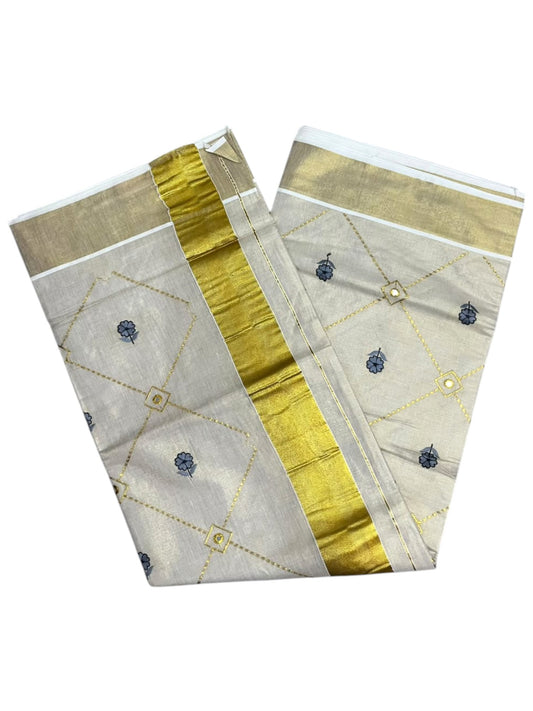 Southloom Kerala Tissue Kasavu Saree with Floral Embroidery Work on Body in Gray