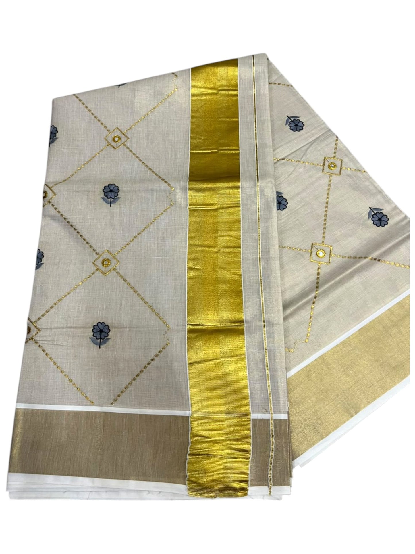 Southloom Kerala Tissue Kasavu Saree with Floral Embroidery Work on Body in Gray