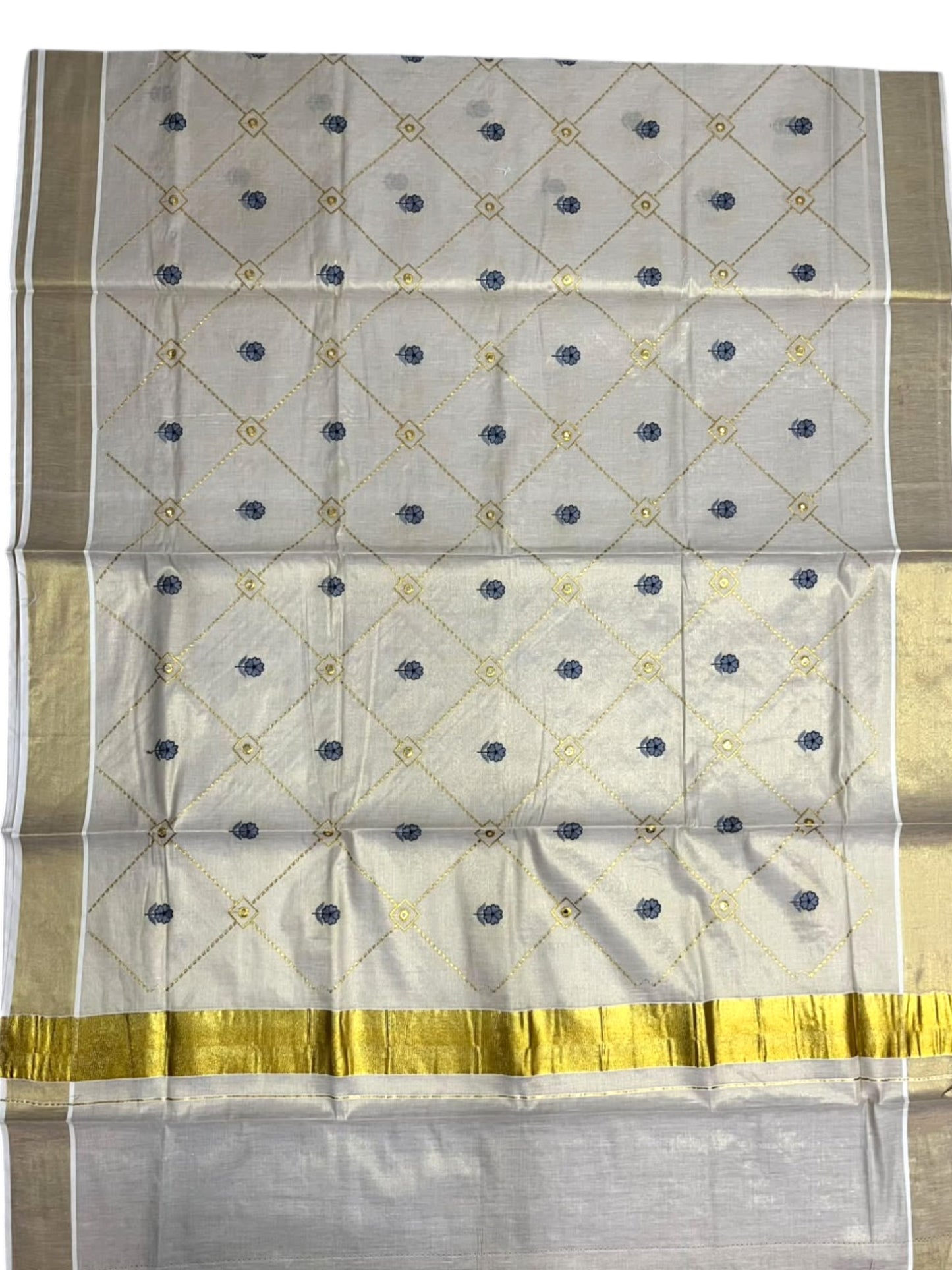 Southloom Kerala Tissue Kasavu Saree with Floral Embroidery Work on Body in Gray