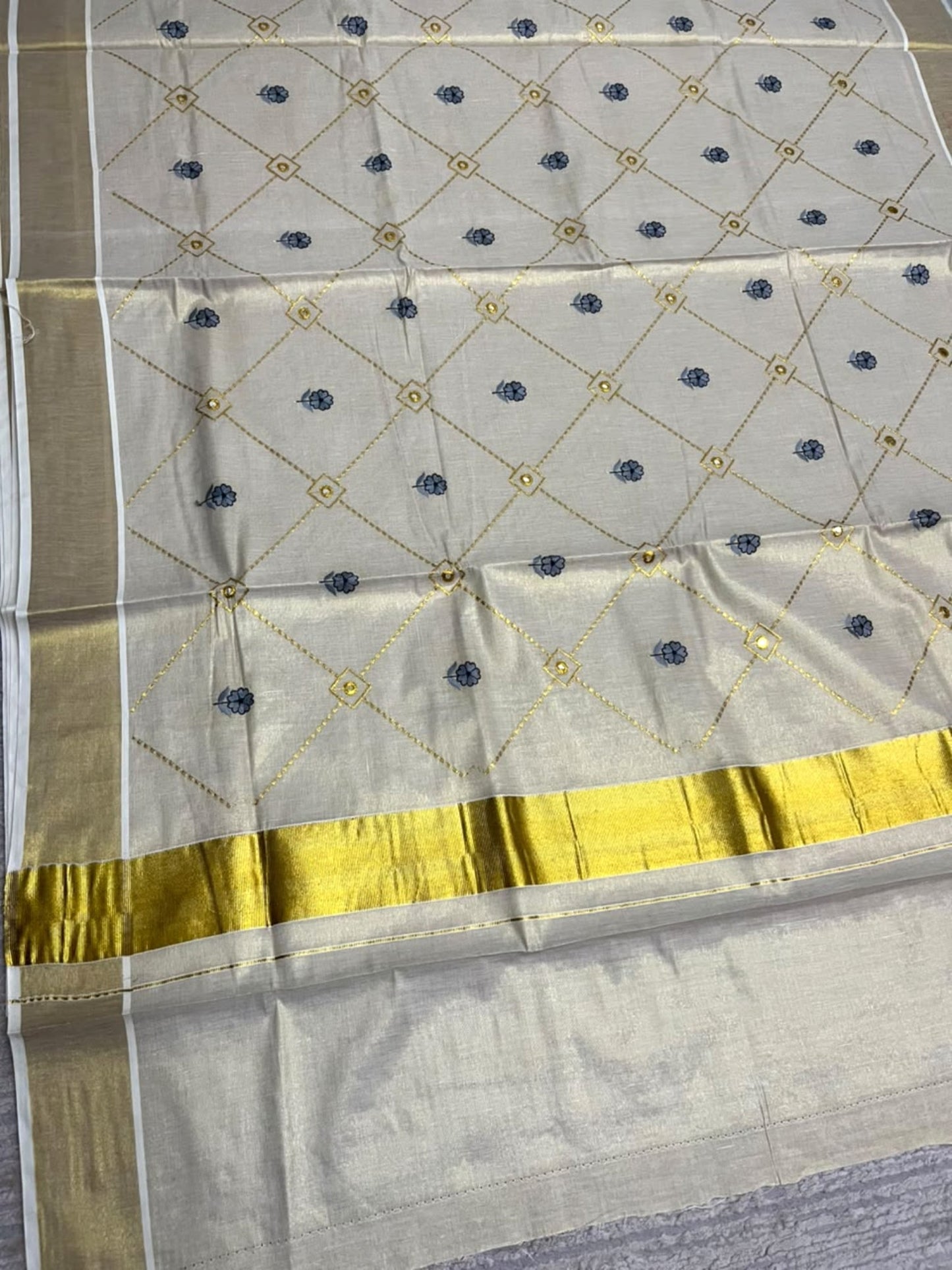 Southloom Kerala Tissue Kasavu Saree with Floral Embroidery Work on Body in Gray