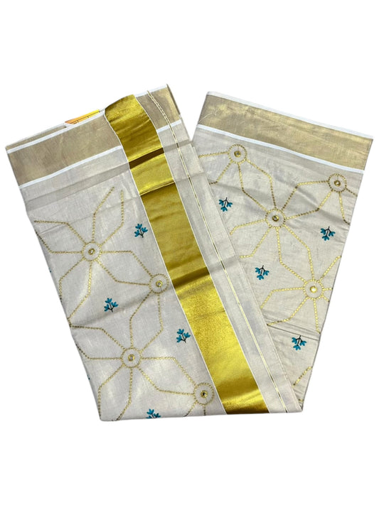 Southloom Kerala Tissue Kasavu Saree with Floral Embroidery Work on Body in Blue