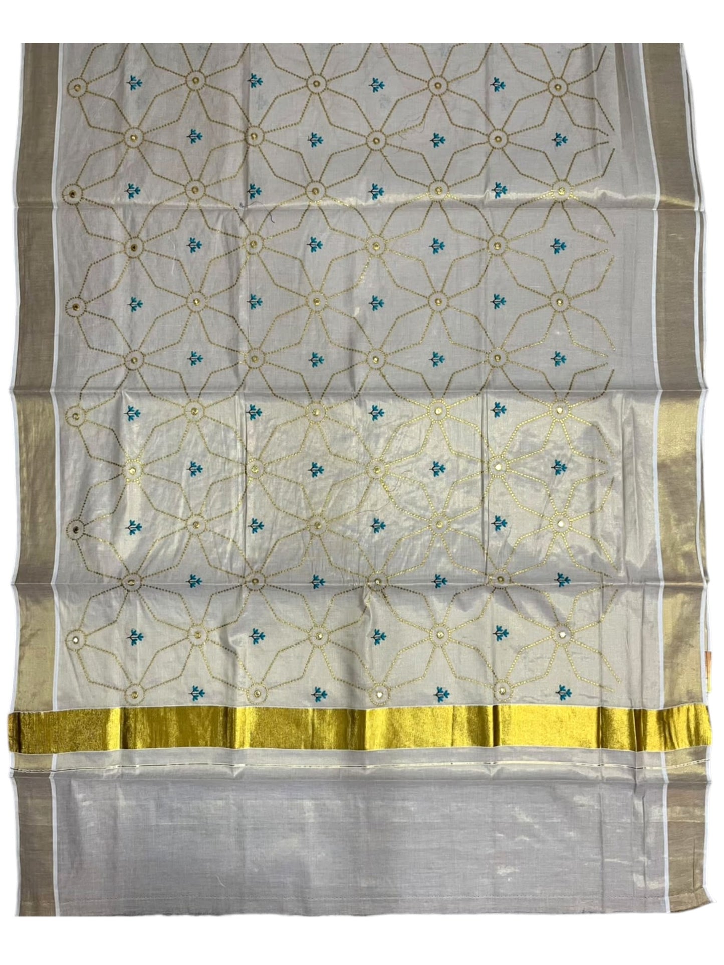 Southloom Kerala Tissue Kasavu Saree with Floral Embroidery Work on Body in Blue
