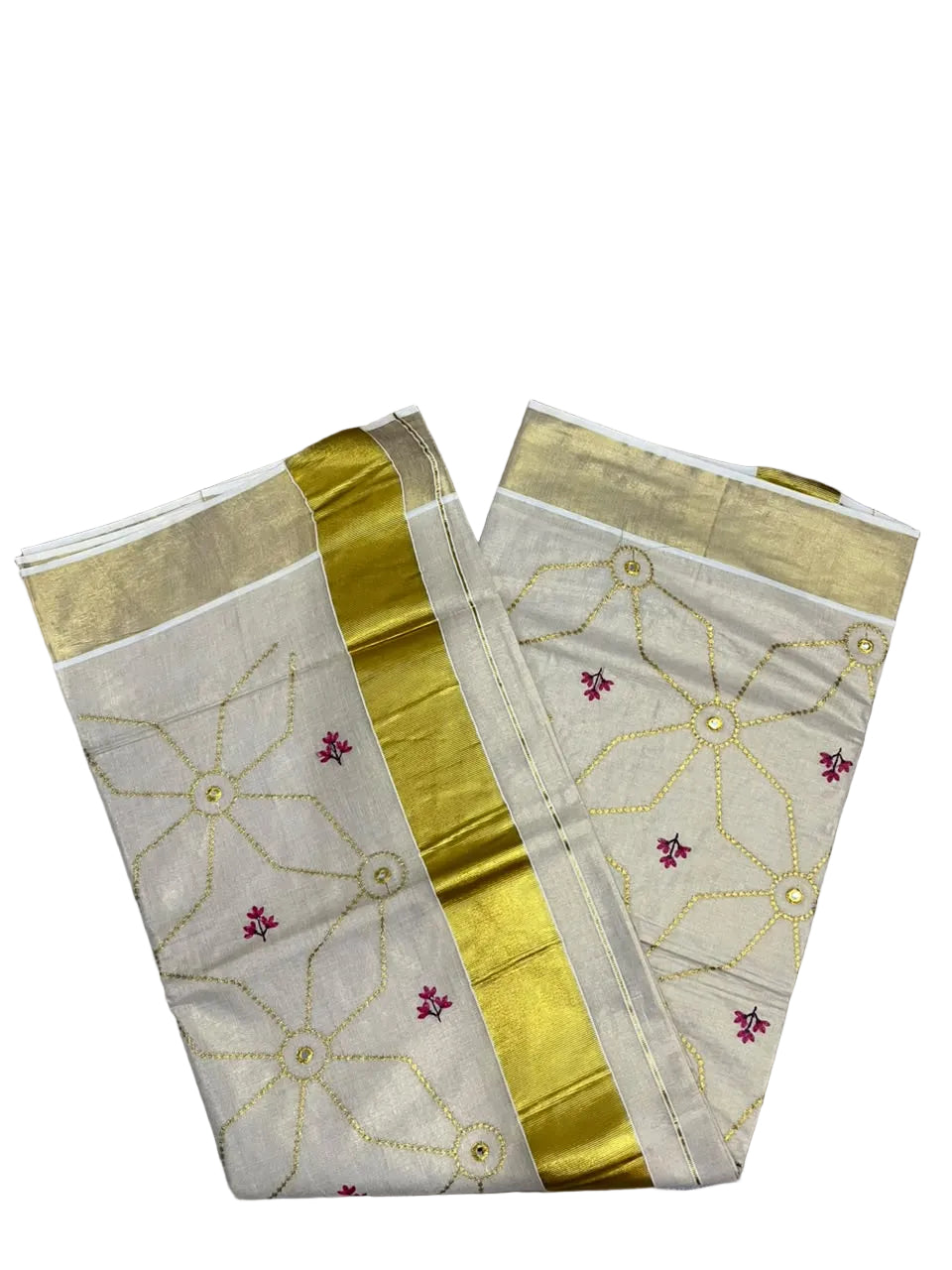 Southloom Kerala Tissue Kasavu Saree with Floral Embroidery Work on Body in Pink