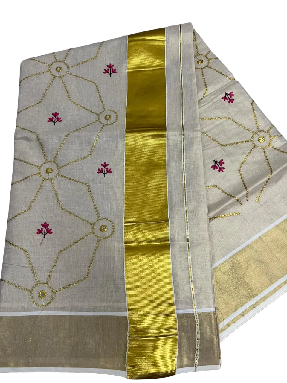 Southloom Kerala Tissue Kasavu Saree with Floral Embroidery Work on Body in Pink