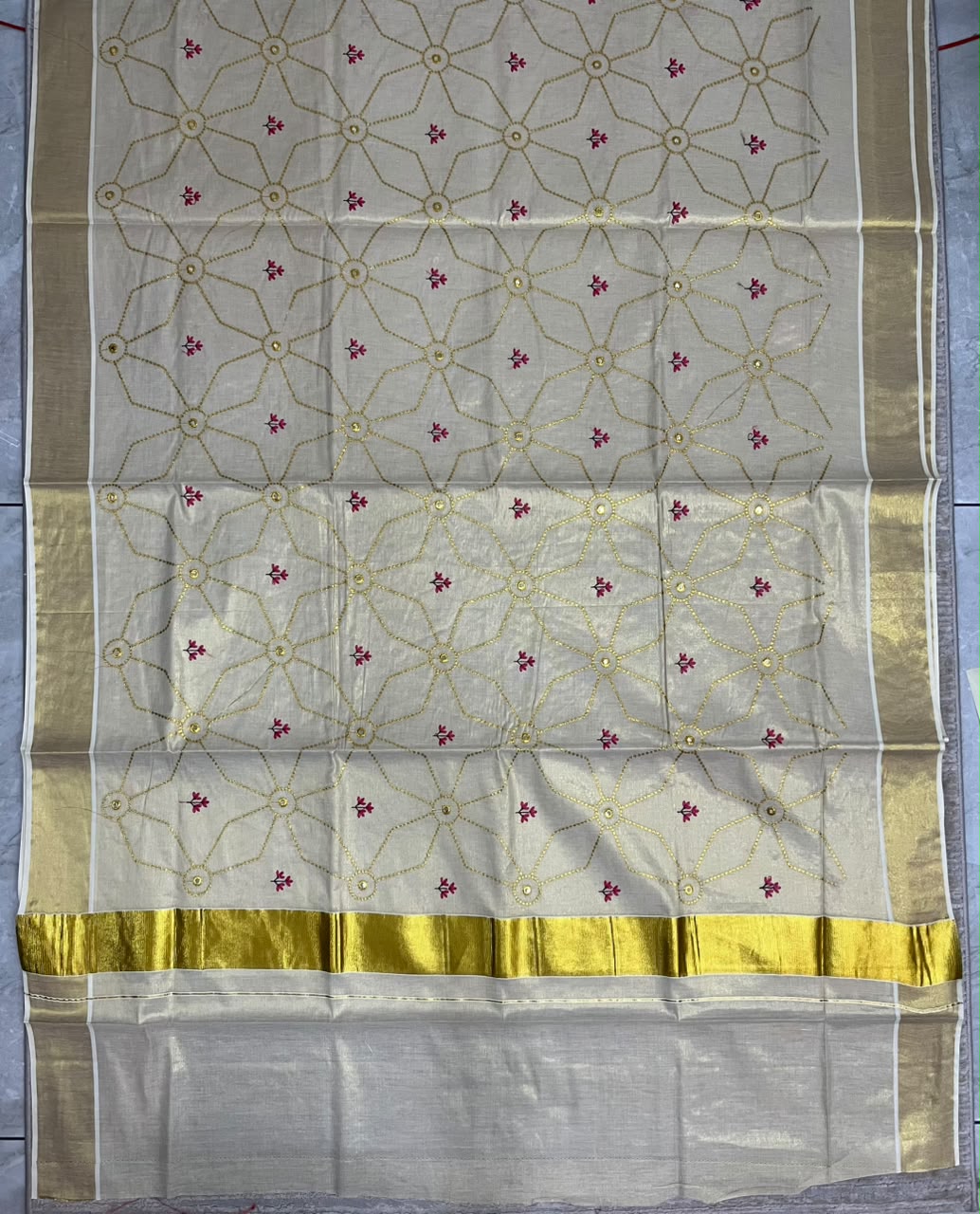Southloom Kerala Tissue Kasavu Saree with Floral Embroidery Work on Body in Pink
