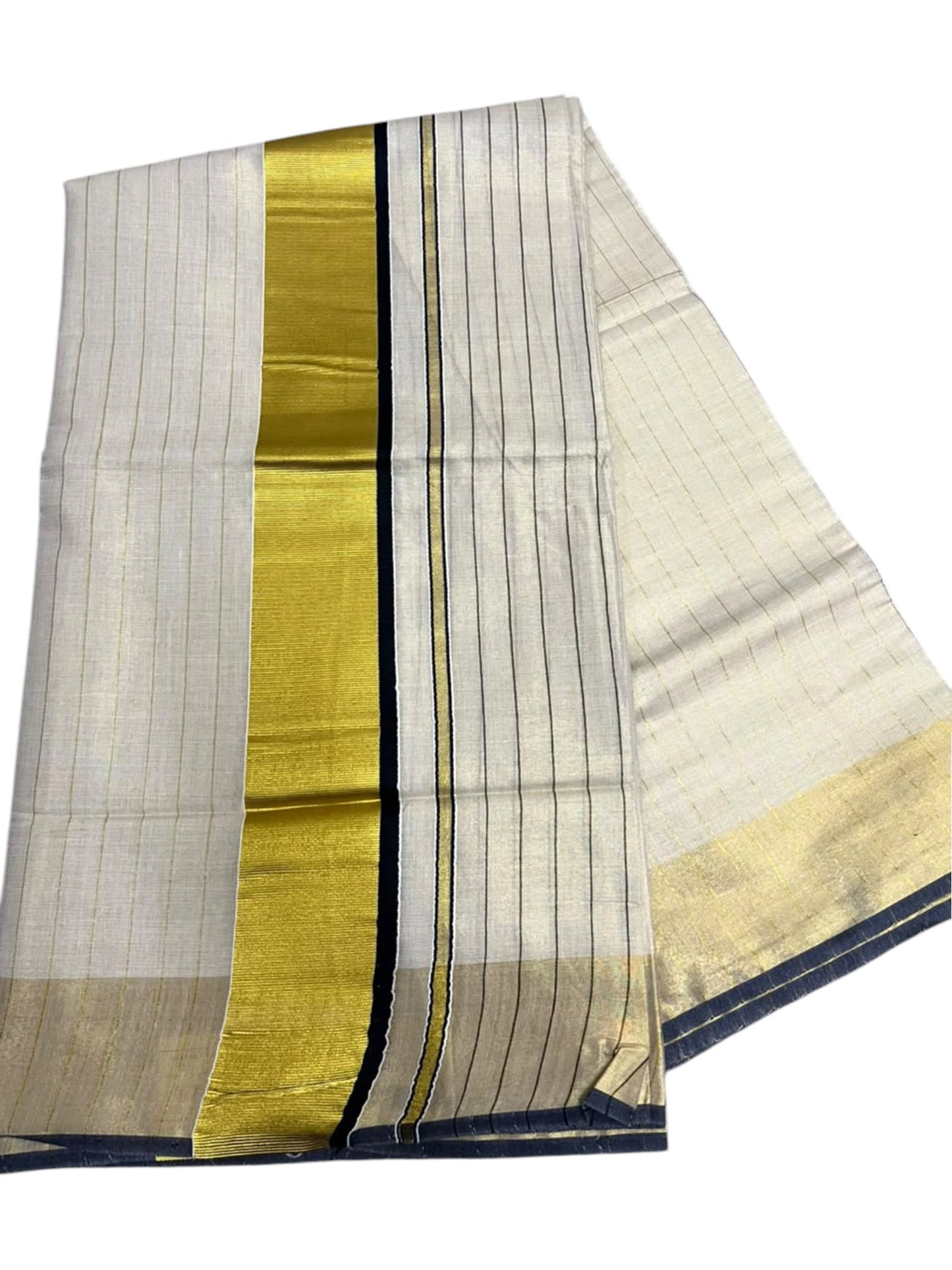 Southloom Kerala Tissue Kasavu Saree with Stripes on Body In Black Border