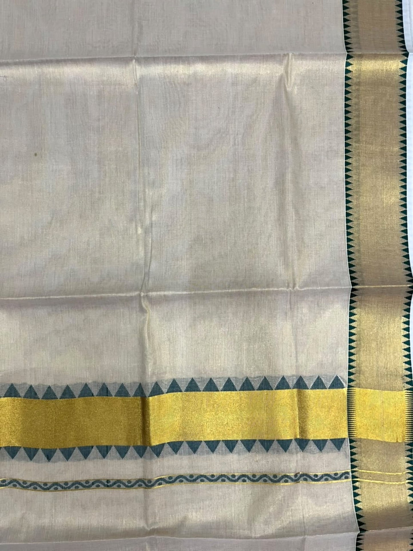 Southloom Kerala Tissue Kasavu Plain Saree with Green Temple Border SL456