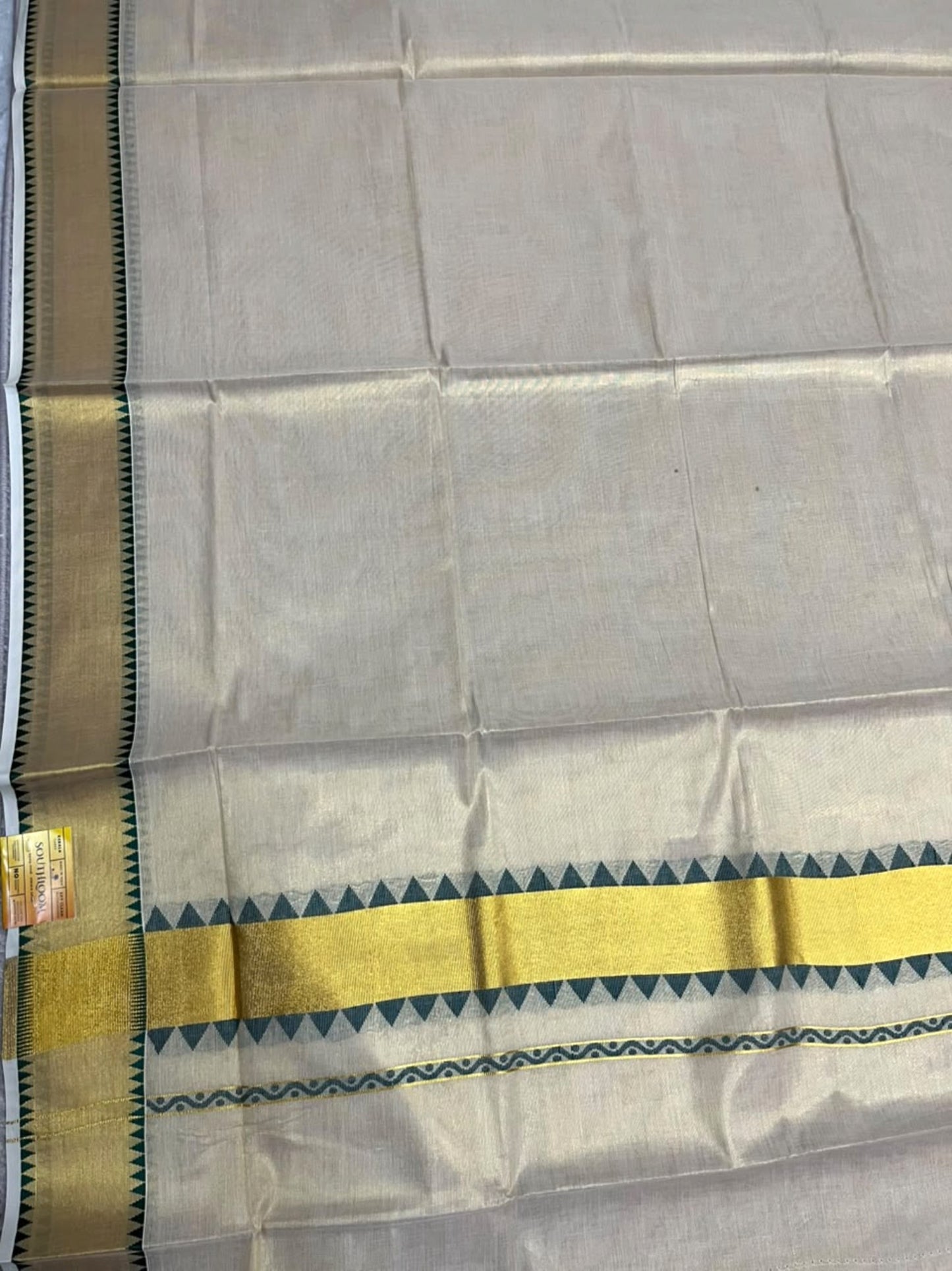 Southloom Kerala Tissue Kasavu Plain Saree with Green Temple Border SL456