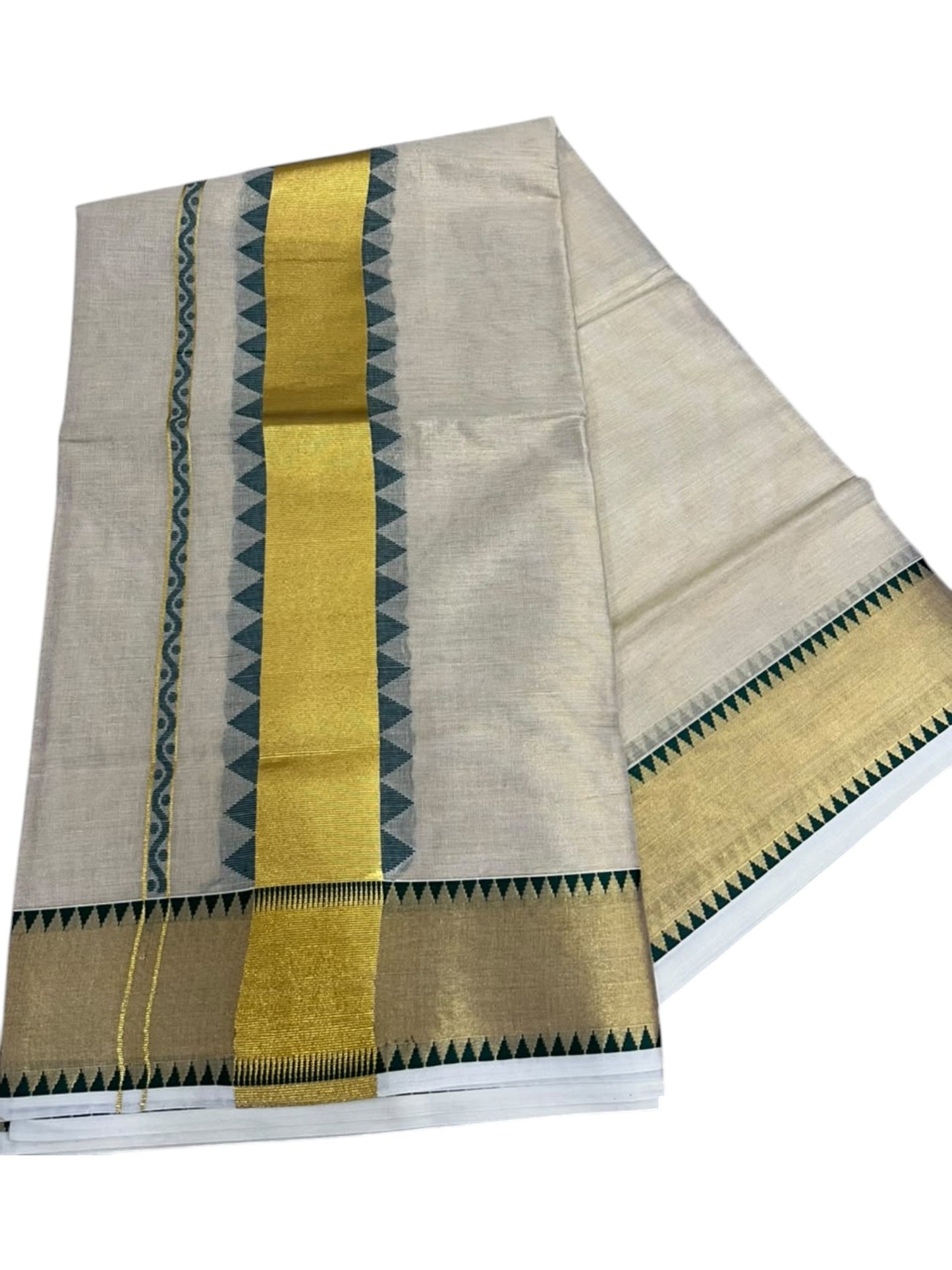 Southloom Kerala Tissue Kasavu Plain Saree with Green Temple Border SL456