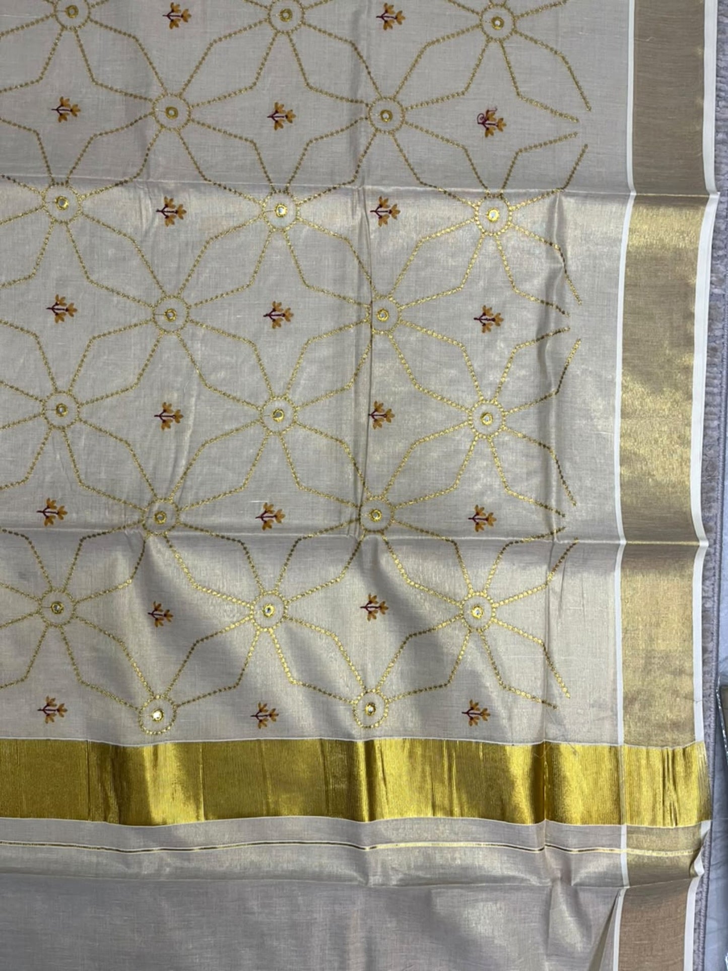 Southloom Kerala Tissue Kasavu Saree with Floral Embroidery Work on Body in Yellow