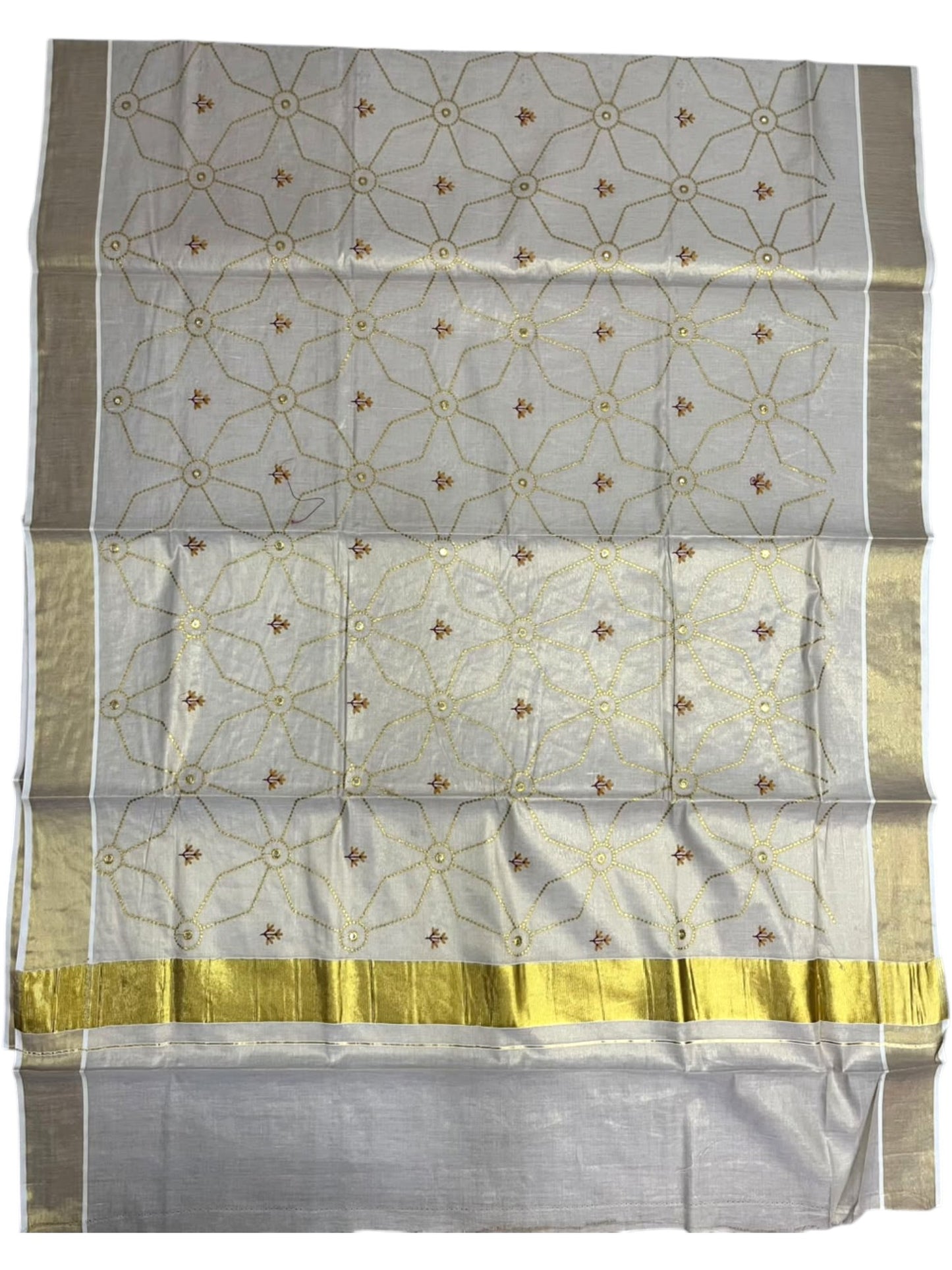 Southloom Kerala Tissue Kasavu Saree with Floral Embroidery Work on Body in Yellow