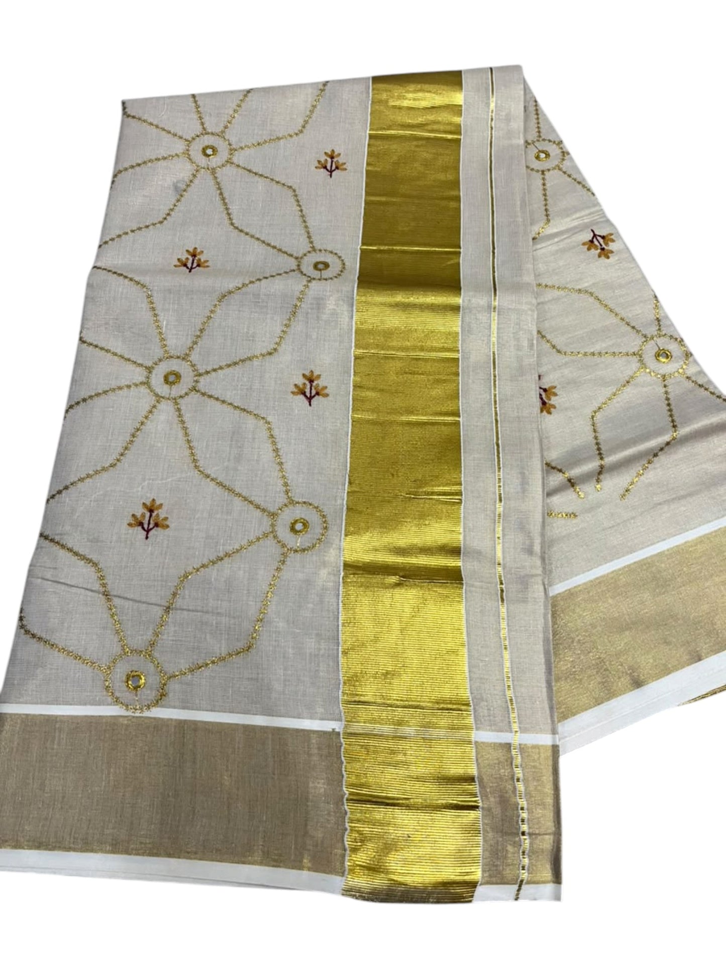 Southloom Kerala Tissue Kasavu Saree with Floral Embroidery Work on Body in Yellow