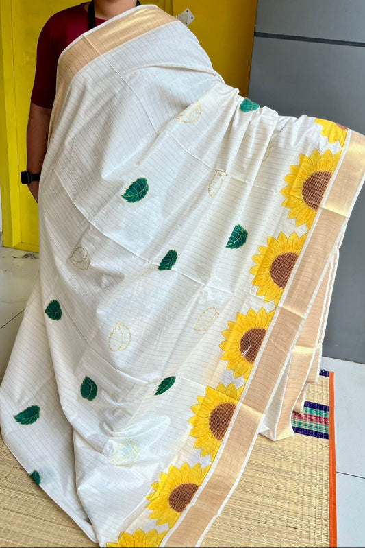 Kerala Cotton Saree With Sun Flower Print SLfloral