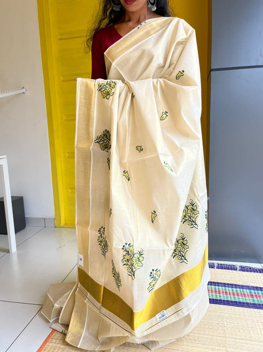 Kerala Tissue Saree With Green Embroidery SL208