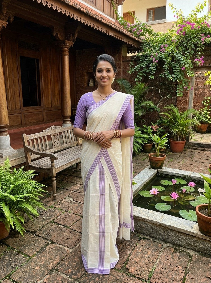 Southloom Pure Cotton Kerala Single Mulloth Set Mundu (Mundum Neriyathum) with Lavender Border in 2.50 Mtrs SL243