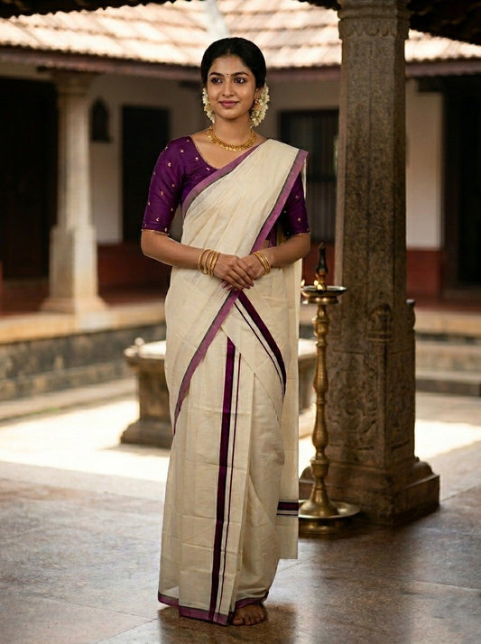 Southloom Pure Cotton Kerala Single Set Mundu (Mundum Neriyathum) with Purple & Black Border